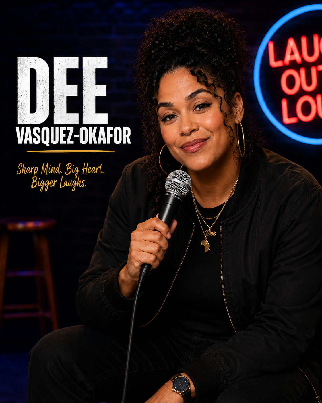 Dee Vasquez-Okafor performing on stage, mid-punchline