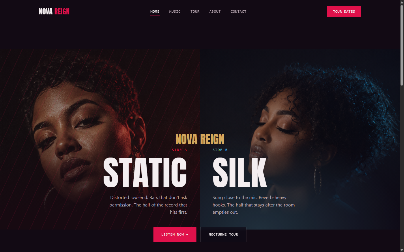 Preview of the Nova Reign music artist website mockup